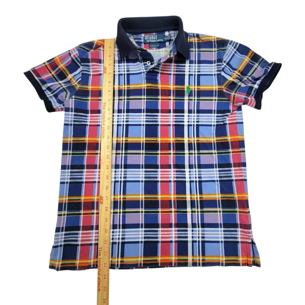 Polo Ralph Lauren Mens Small Blue Plaid Madras Custom Fit Pique Polo Shirt